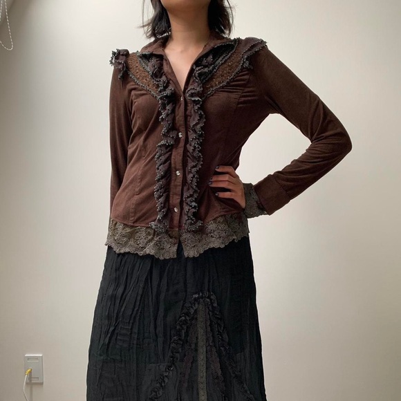 (SOLD) Fairy Grunge Lace Brown Button-Up - Picture 3 of 5